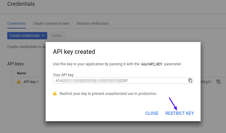 Server keys. Пример API ключа. API Key created. 1&API_Key. API Key restriction.