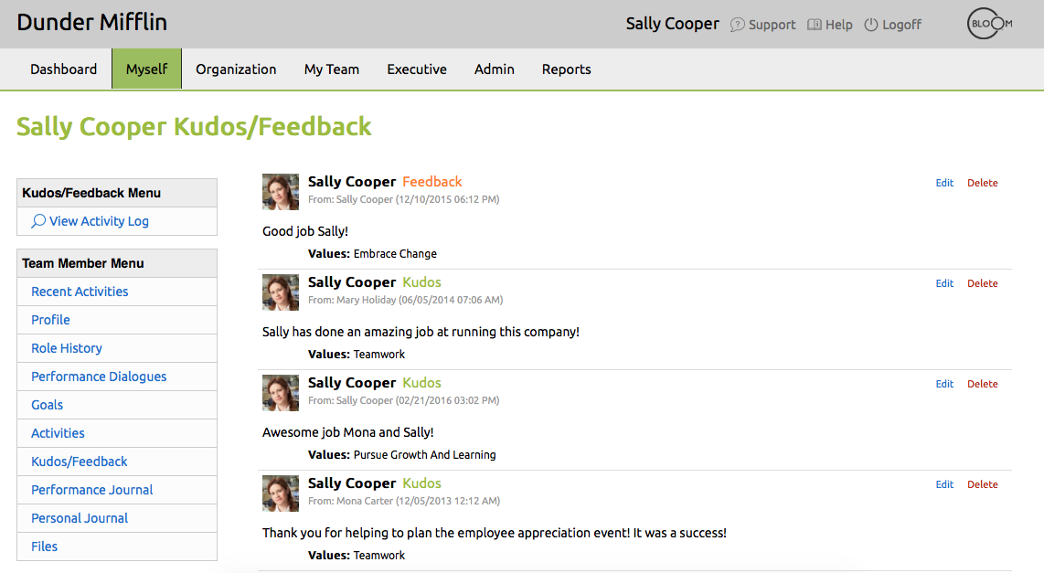 Viewing Peer Kudos and Feedback BLOOM