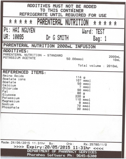 total parenteral nutrition label